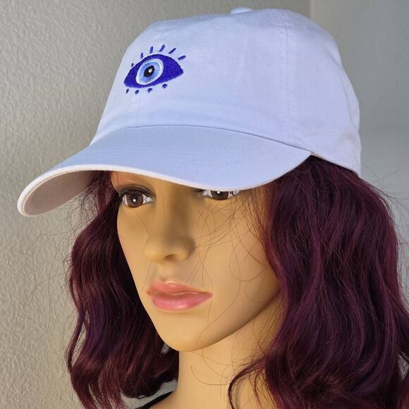 ?️NWT David & Young White w/Blue Embroidered Evil Eye Hat One Size main image 11